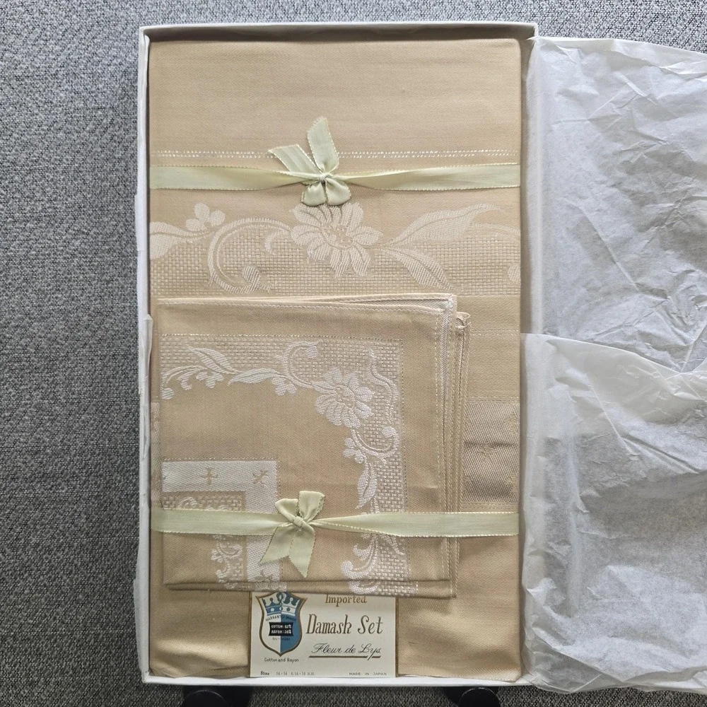 Vintage 60s Damask Fleur De Lys Tablecloth Napkin 54x54 Toast Beige Floral Japan